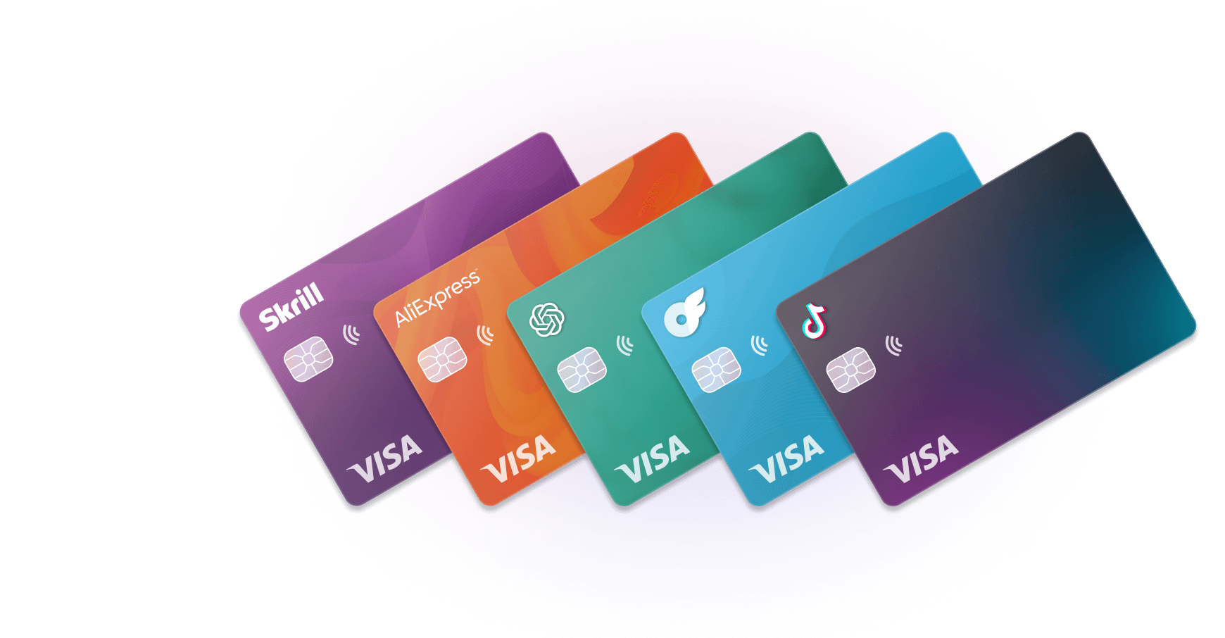 Visa cards featuring logos for Skrill and AliExpress, among others, with a series of colorful branded cards